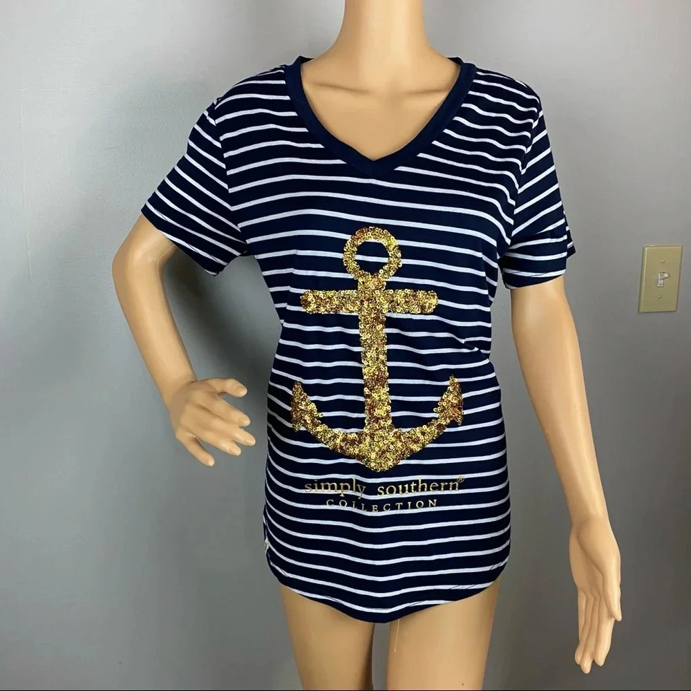 Simply Southern Women's Large Navy Striped Gold Anchor T-Shirt Short Sleeve - Picture 1 of 6